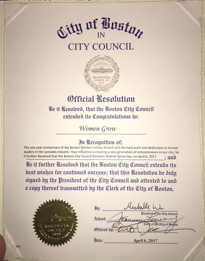 City of Boston Certificate WOMEN GROW DAY April 6